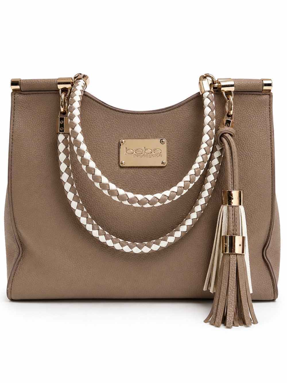 Bebe Natalie Taupe Satchel Braided Handles Tassel Gold Hardware Y2K